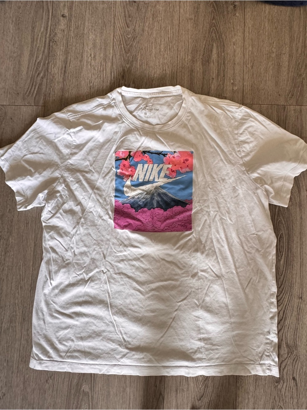 Nike White Graphic Tee with Pink & Blue Mountain Print (58)